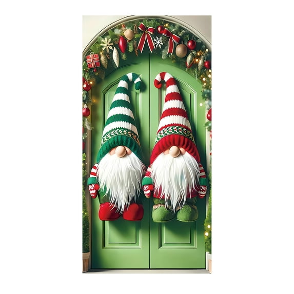 Merry Christmas Door Cover Two Gnome Design Hanging Banner Front Door Backdrop Porch Photography Background Winter Xmas New Year Decoration 71x35 Inch