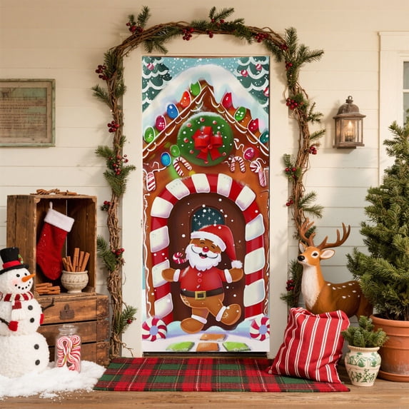 Merry Christmas Door Hanging Backdrop Decorations, Durable Door Covers for Festival Party Decor 79.92×35.83Inch Multicolor
