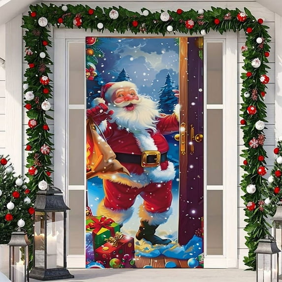 Merry Christmas Door Hanging Backdrop Decorations, Durable Door Covers for Festival Party Decor 79.92×35.83Inch Multicolor