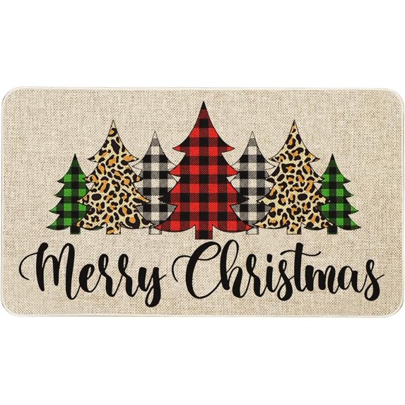 Merry Christmas Door Mat 30 X 17 Inch Buffalo Plaid Christmas Trees Doormat Indoor Outdoor Entrance Floor Rug Non Slip Winter Christmas Decor Rubber Welcome Mats