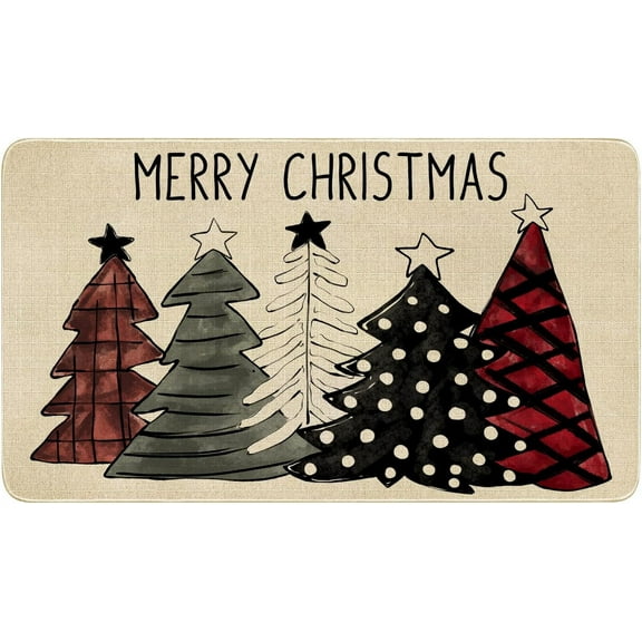 Merry Christmas Door Mat Outdoor for Front Door,Buffalo Plaid Christmas Tree Welcome Doormat,Winter Xmas Holiday Floor Rugs for Indoor Porch Entrance Farmhouse Decor 30" x 17"