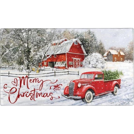 Merry Christmas Door Mat Outdoor for Front Door,Red Truck Snowflake Snow Welcome Doormat,Winter Xmas Holiday Floor Rugs for Indoor Porch Entrance Farmhouse Decor 30" x 17"