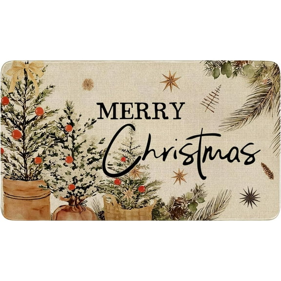 Merry Christmas Door Mat Outdoor for Front Door,Xmas Tree Eucalyptus Red Berries Holiday Welcome Doormat,Winter Floor Rugs for Indoor Porch Entrance Farmhouse Decor 30" x 17"
