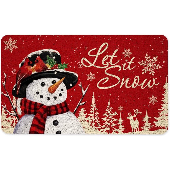 Vintage Red Christmas Door Mat, Snowman Doormat for Front Door Indoor Outdoor Entrance Porch, Christmas Winter Welcome Mat Outside, Xmas Snowman Bath Mats, 17x30 Inches