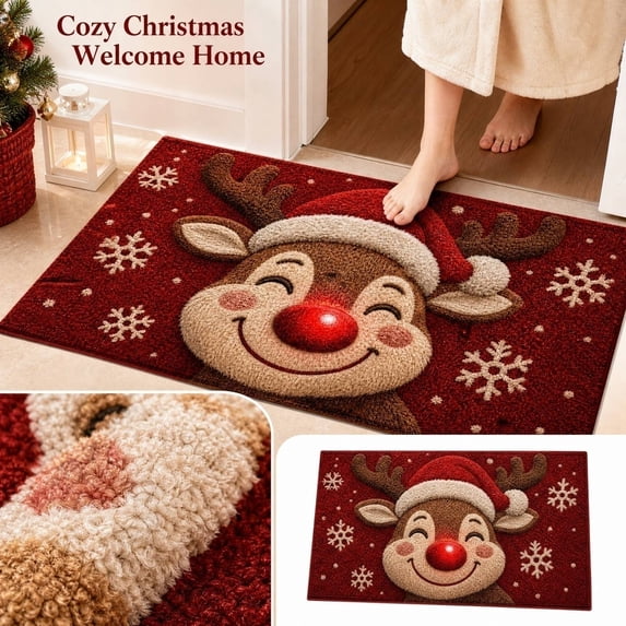 Merry Christmas Door Mats, 23.62x15.75 inch Cute Red Nose Reindeer Doormat, Non-Slip Printed Snowflake Holiday Decor Floor Carpet for Indoor Outdoor Entryway Mudroom Bathroom Front Porch Farmhouse