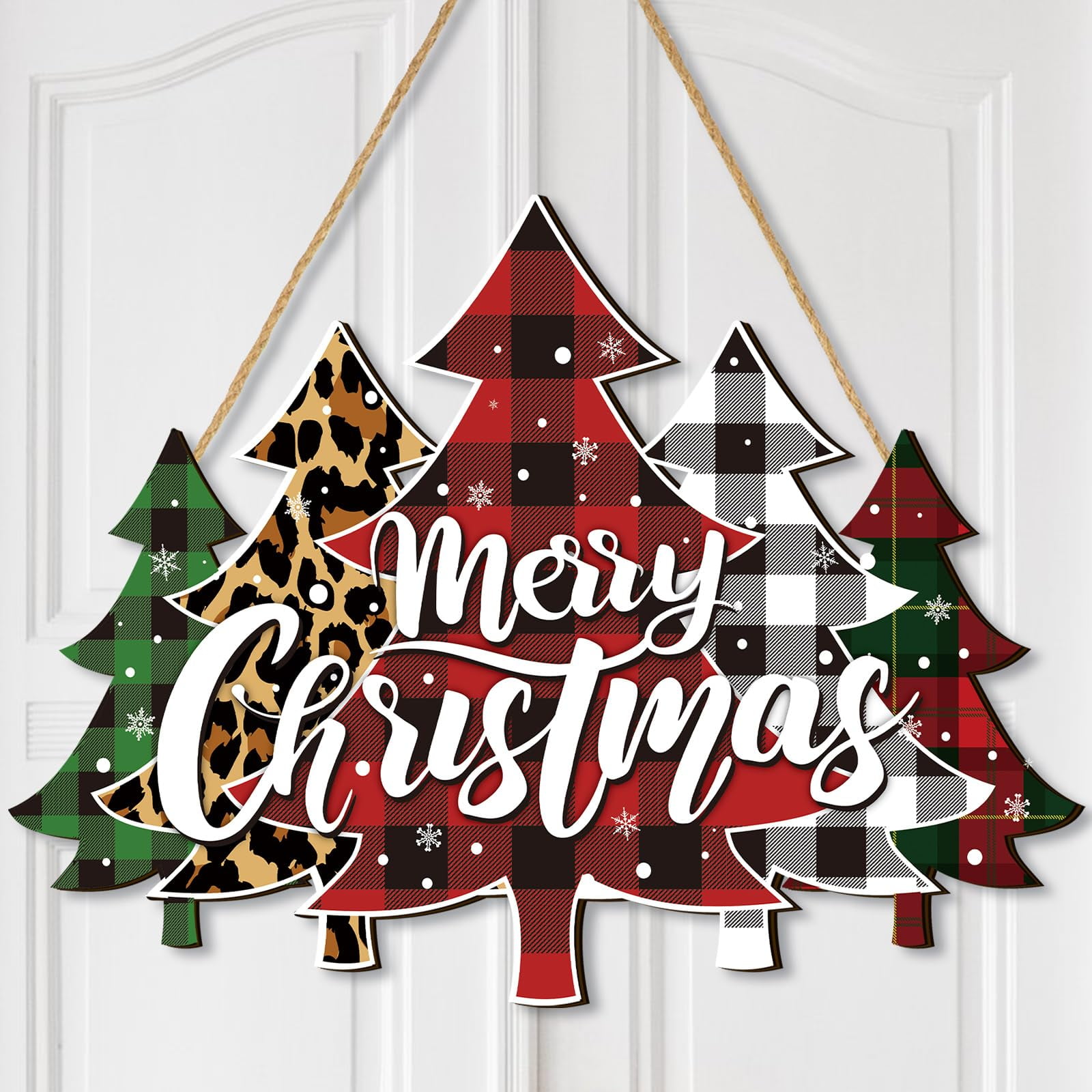 Merry Christmas Door Sign Buffalo Plaid Tree Wood Decor Farmhouse Hanging Plaque for Porch Xmas Front Outdoor Home Decor(Tree Style)