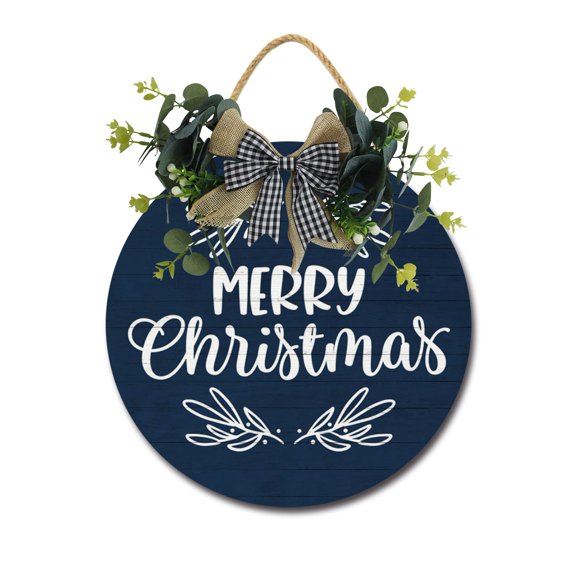 Merry Christmas Door Sign Home Decor Round Wood Wreaths Wall Hanging Sign Farmhouse Porch Sign Front Door Decoration for Housewarming Gift All Seasons Holiday,11In