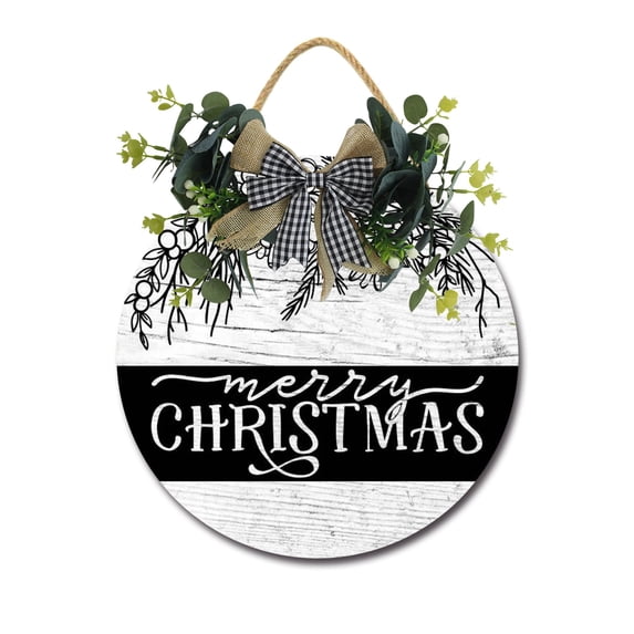Merry Christmas Door Sign Home Decor Round Wood Wreaths Wall Hanging Sign Farmhouse Porch Sign Front Door Decoration for Housewarming Gift All Seasons Holiday,11In