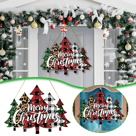 Merry Christmas Door Sign,Wooden Christmas Tree Wreath Alternative for Front Door Decor,Farmhouse Holiday Hanging Plaque for Porch Wall, Outdoor Indoor Christmas Decorations for Home Party Decor