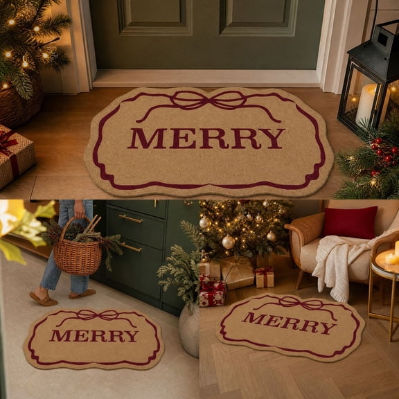 Merry Christmas Doormat, Scalloped Christmas Outdoor Rug, Bow Printed Welcome Mat, Durables Outside Indoor Rug, Entryway, Front Door, Porch, Patio