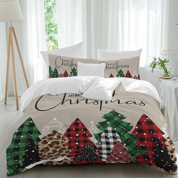 Merry Christmas Duvet Cover Set Full Size, Green Red Plaid Buffalo Xmas Tree 4 Piece Soft Microfiber Bedding Set Holiday Bedding with Zipper Closure, 1 Comforter Cover, 1 Flat Sheet, 2 Pillowcases