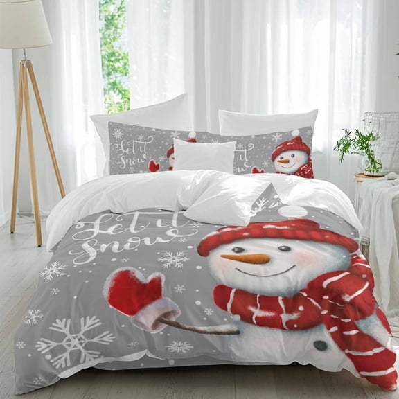Merry Christmas Duvet Cover Set Full Size, Snowman Red Scarf And Hat Snowflake 4 Piece Soft Microfiber Bedding Set Holiday Bedding with Zipper Closure, 1 Comforter Cover, 1 Flat Sheet, 2 Pillowcases