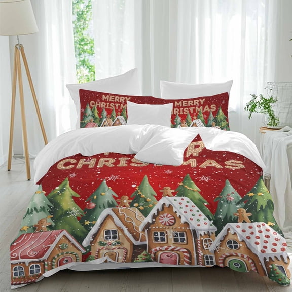 Merry Christmas Duvet Cover Set King Size, Gingerbread House Green Tree Winter Snow Red 4 Piece Soft Microfiber Bedding Set with Zipper Closure, 1 Comforter Cover, 1 Flat Sheet, 2 Pillowcases