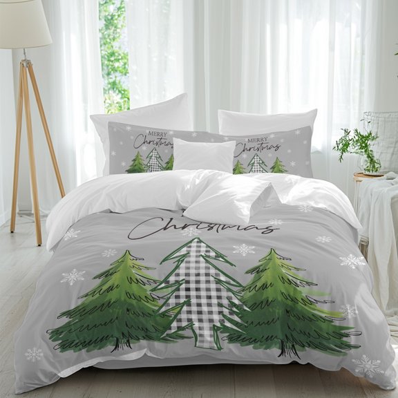 Merry Christmas Duvet Cover Set Cal King Size, Green Plaid Xmas Tree Winter Snowflakes Grey 4 Piece Soft Microfiber Bedding Set with Zipper Closure, 1 Comforter Cover, 1 Flat Sheet, 2 Pillowcases