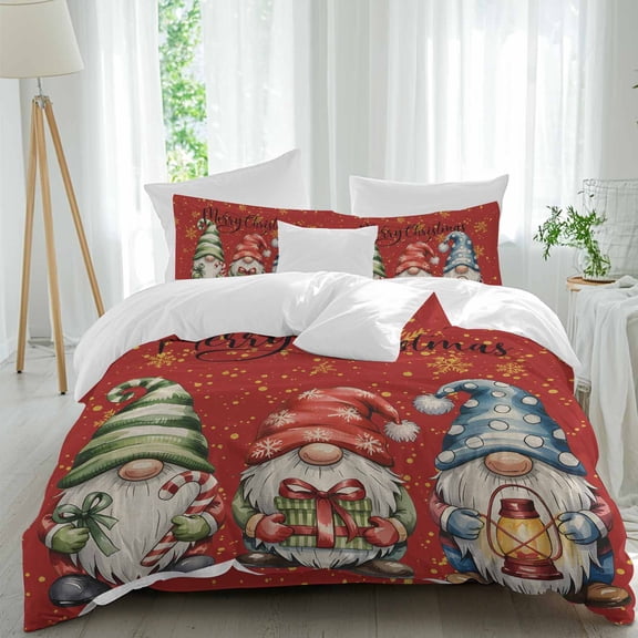 Merry Christmas Duvet Cover Set King Size, Retro Red Blue Yellow Gnome Snow 4 Piece Soft Microfiber Bedding Set with Zipper Closure, 1 Comforter Cover, 1 Flat Sheet, 2 Pillowcases