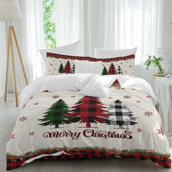 Merry Christmas Duvet Cover Set Queen Size, Buffalo Check Plaid Tree 4 Piece Soft Microfiber Bedding Set Holiday Bedding with Zipper Closure, 1 Comforter Cover, 1 Flat Sheet, 2 Pillowcases