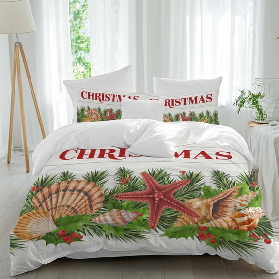 Merry Christmas Duvet Cover Set Queen Size, Vintage Starfish Conch Pine Needle Berry Wood Grain 4 Piece Bedding Set with Zipper Closure & Corner Ties Soft Breathable Comforter Cover for Bedroom
