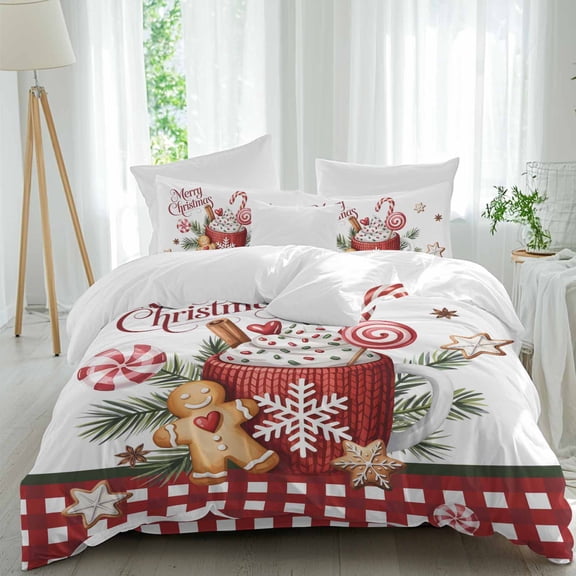 Merry Christmas Duvet Cover Set Queen Size, Xmas Coffee Gingerbread Man Biscuits Holly Candy 4 Piece Bedding Set with Zipper Closure & Corner Ties Soft Breathable Comforter Cover for Bedroom