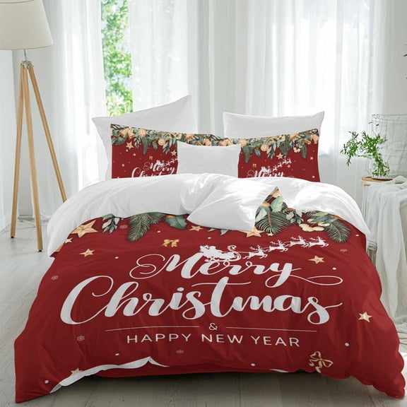 Merry Christmas Duvet Cover Set Queen Size, Xmas Gold Ball Bell Star Berry Bowknot Green Leaf Red 4 Piece Bedding Set with Zipper Closure & Corner Ties Soft Breathable Comforter Cover for Bedroom