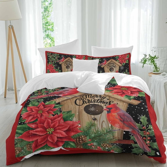Merry Christmas Duvet Cover Set Queen Size, Xmas Poinsettia Cardinal Bird Nest Holly Winter Snowflake 4 Piece Bedding Set with Zipper Closure & Corner Ties Soft Breathable Comforter Cover for Bedroom