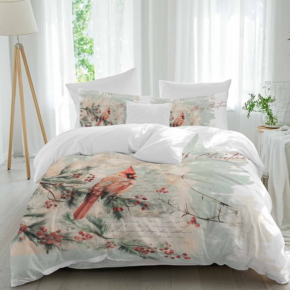 Merry Christmas Duvet Cover Set Twin Size, Cardinal Berries Evergreen Bough Love Letter 4 Piece Soft Microfiber Bedding Set with Zipper Closure, 1 Comforter Cover, 1 Flat Sheet, 2 Pillowcases