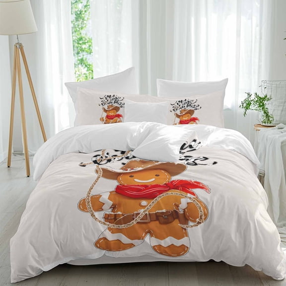 Merry Christmas Duvet Cover Set Twin Size, Gingerbread Man Rope 4 Piece Soft Microfiber Bedding Set with Zipper Closure, 1 Comforter Cover, 1 Flat Sheet, 2 Pillowcases