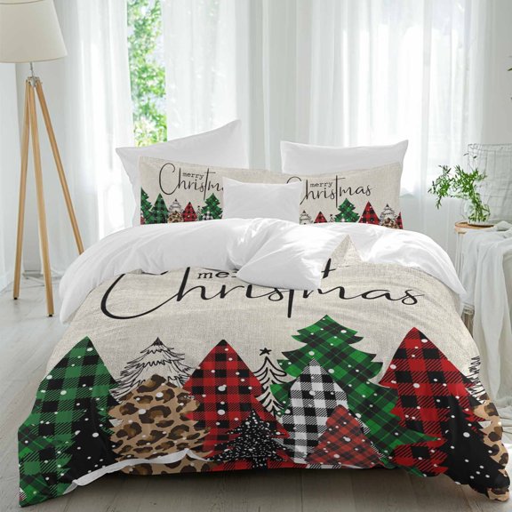 Merry Christmas Duvet Cover Set Twin Size, Green Red Plaid Buffalo Xmas Tree 4 Piece Soft Microfiber Bedding Set Holiday Bedding with Zipper Closure, 1 Comforter Cover, 1 Flat Sheet, 2 Pillowcases