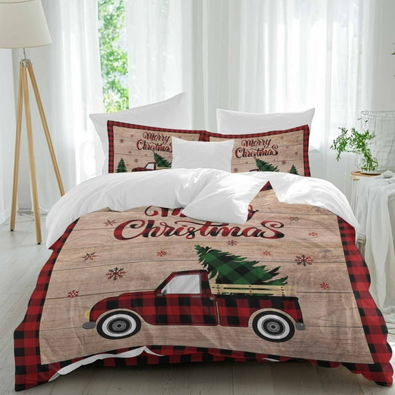 Merry Christmas Duvet Cover Set Twin Size, Red and Black Buffalo Plaid Truck Tree 4 Piece Soft Microfiber Bedding Set Holiday Bedding, 1 Comforter Cover, 1 Flat Sheet, 2 Pillowcases