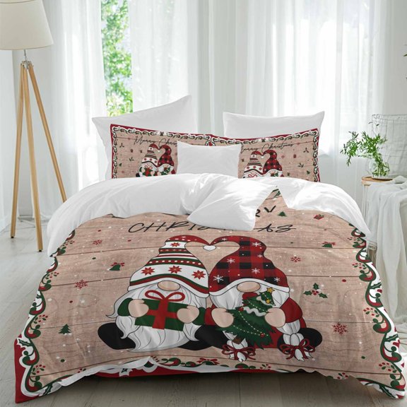 Merry Christmas Duvet Cover Set Twin Size, Winter Xmas Dwarfs Poinsettia Red Green Wooden 4 Piece Soft Microfiber Bedding Set with 1 Duvet Cover, 1 Flat Sheet, 2 Pillowcases