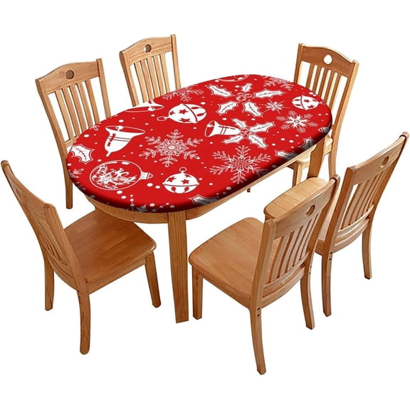 Merry Christmas Elastic Edge Oval Fitted Tablecloth, Red Bell Table Cloth, for Kitchen Dining Tabletop Decoration, Fits for 48 x 68 Oval Table