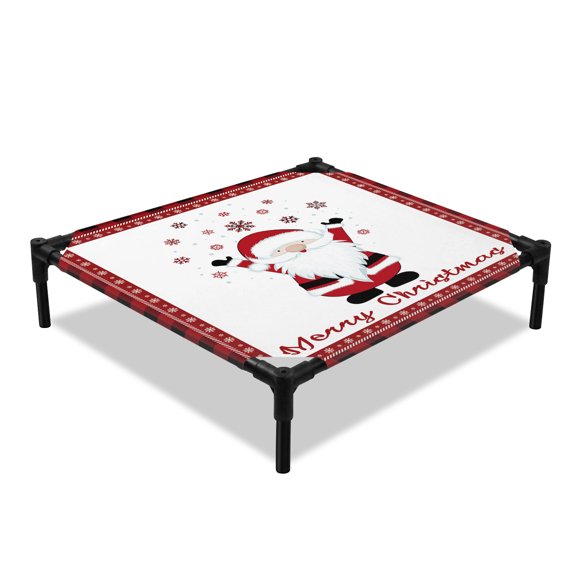 Merry Christmas Elevated Dog Bed, Gnome Elf Santa Claus Check Plaid Border Cooling Breathable Outdoor Raised Dog Cot Bed with Metal Frame Non-Slip Feet for Small Dog 20x20in
