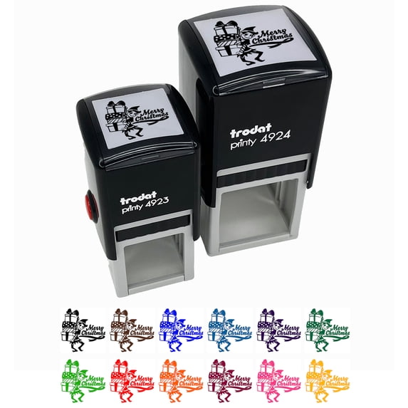 Merry Christmas Elf with Presents Gifts Self-Inking Rubber Stamp Ink Stamper - Yellow Ink - Small 1 Inch