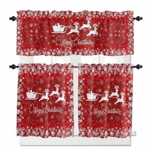 Merry Christmas Elk Kitchen Curtains and Valances Set, Winter Snowflake Red Background Rod Pocket Window Valance 18 Inch Window Curtain Panels for Living Room Bedroom Laundry, 27.5x36in, 3 Pieces