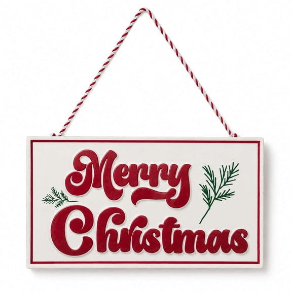 Merry Christmas Embossed Hanging Sign White Red Wall Decor With Sprigs Candy Cane Rope For Front Door Mantel Window Home Holiday Decoration
