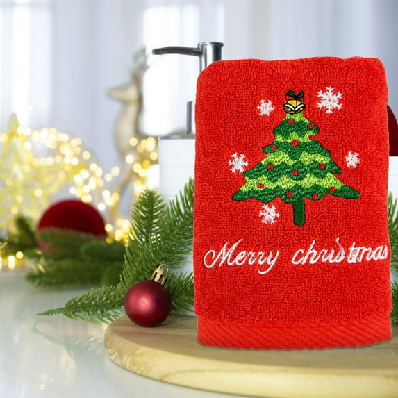 Merry Christmas Embroidered Hand Towels 13x29" Bathroom and Kitchen Towel Set with Santa Snowman Tree Patterns,Soft Absorbent Decorative Holiday Towels for Home Office Seasonal Christmas Gift_Red