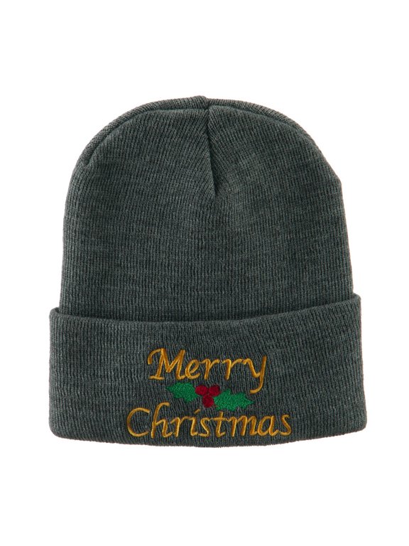 Merry Christmas Embroidered Long Beanie - Grey OSFM