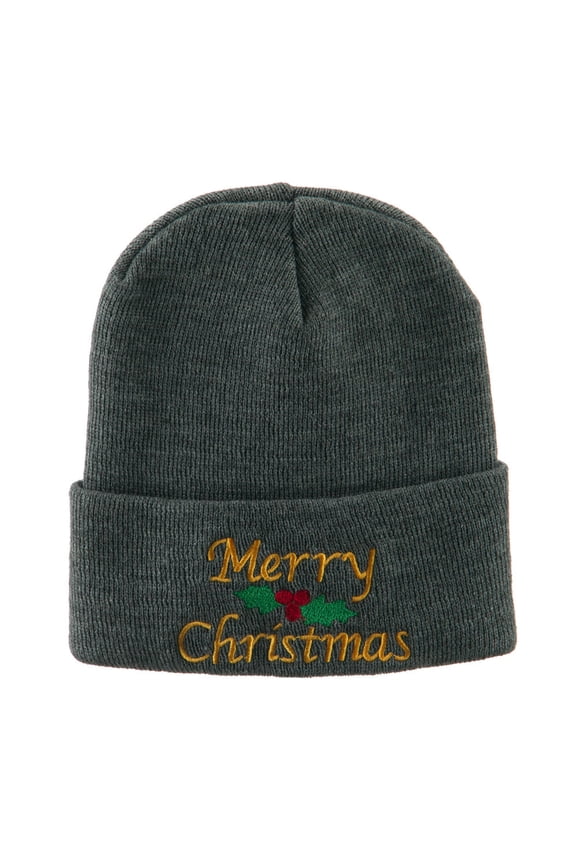 Merry Christmas Embroidered Long Beanie - Grey OSFM