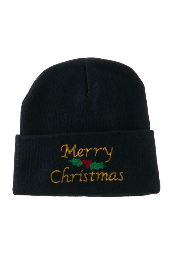 Merry Christmas Embroidered Long Beanie - Navy OSFM
