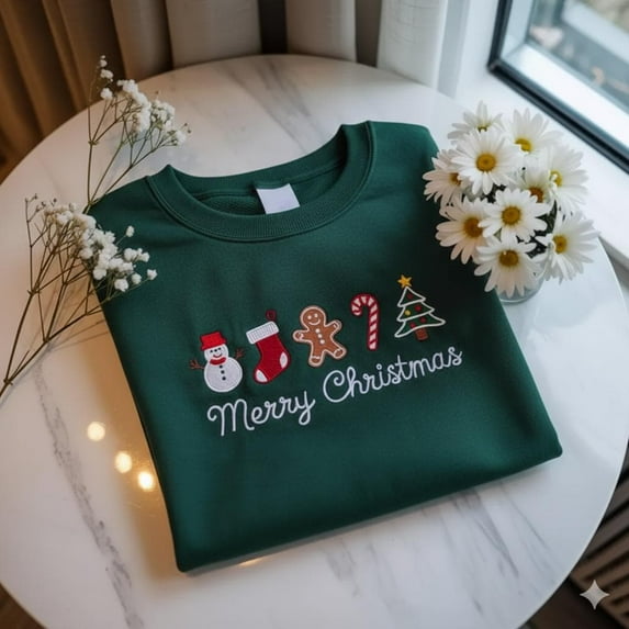 Merry Christmas Embroidered Sweatshirt, Embroidered Christmas Crewneck Sweatshirt, Embroidered Gingerbread Sweatshirt, Custom Xmas Gift