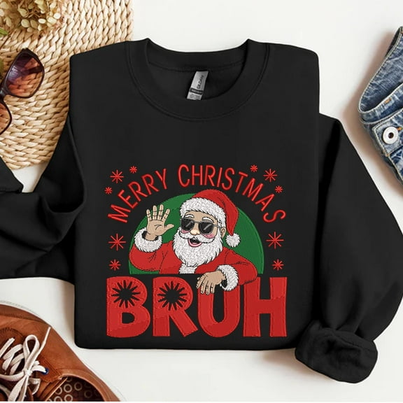 Merry Christmas Embroidered Sweatshirt, Pink Christmas Santa Bruh Embroidered Shirt, Santa Claus Hoodie, Merry And Bright Shirt
