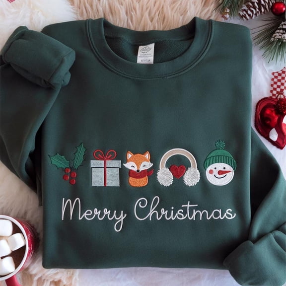 Merry Christmas Embroidered Sweatshirt, Winter Wonderland Sweatshirt, Snowman Winter Fox Sweatshirt, Christmas Sweater, Christmas Vibe Shirt