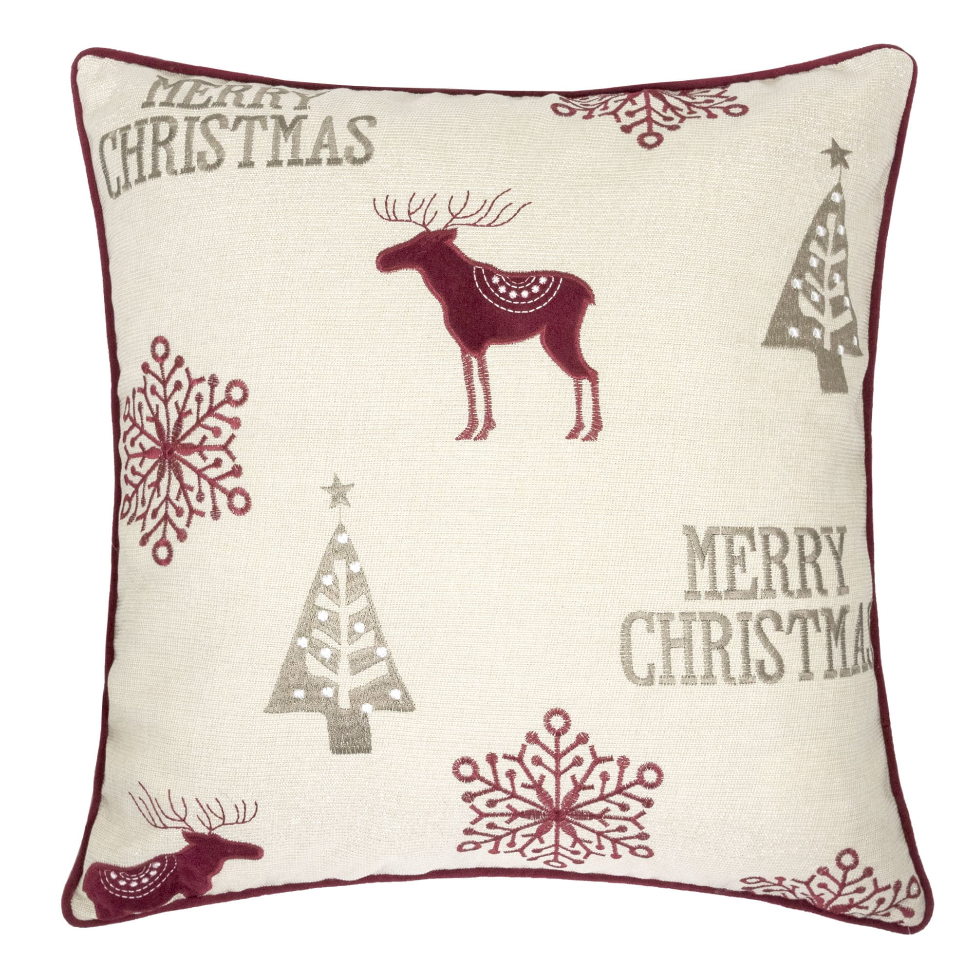 Merry Christmas Embroidered Throw Pillow with Reindeer Snowflakes Trees 20x20 Inch Holiday Decor