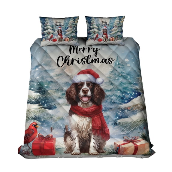 Merry Christmas English Springer Spaniel Enjoys Woofmas Winter Xmas Holiday Quilt Bedding Set Springers Dog Lover Gifts 1 Blanket Bed Cover 2 Pillowcases - 02022