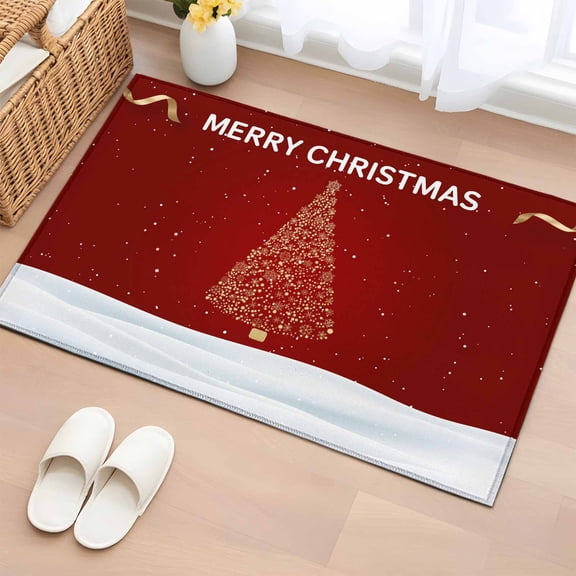Merry Christmas Entryway Rug 2'x3'&nbsp; Non Slip Front Door Mats, Xmas Pine Trees Snow Snowflakes Red Entrance Rugs Indoor Outdoor Carpet, Washable Floor Mats Small Area Rug for Bedroom Kitchen