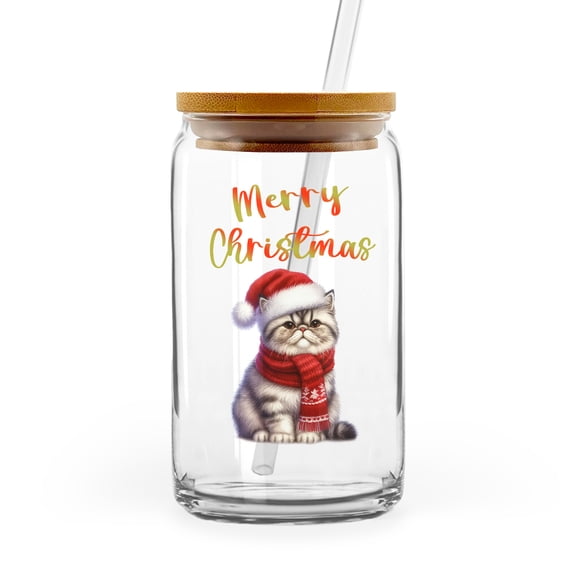 Merry Christmas Exotic Shorthair Enjoys Catmas Winter Xmas Holiday 16oz Glass Cup Mug Cat Lover Kitten Owner Gifts Glass Can with Bamboo Lid and Straw - 02022
