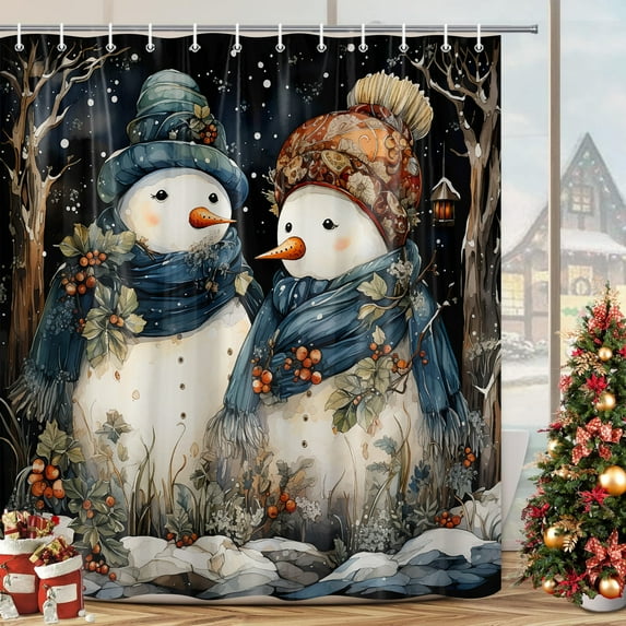 Merry Christmas Fabric Shower Curtain, Winter Snowman Shower Curtain Sets with Hooks, Xmas Snowman in Snowy Forest Waterproof Bathroom Accessories Decor 70X70in