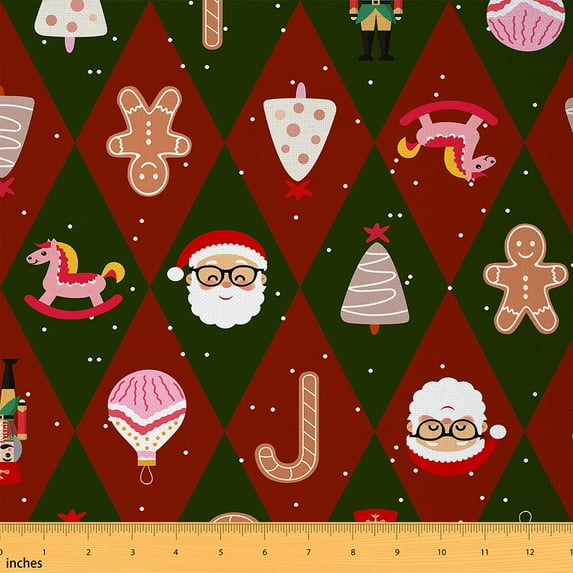 Merry Christmas Fabric by the Yard 2 Yards for Kids Children, Santa Claus Gingerbread Nutcracker Room Decor Fabric by the Yard, Red Black Xmas Checkered Fabric for Sewing, Breathable Home Decor