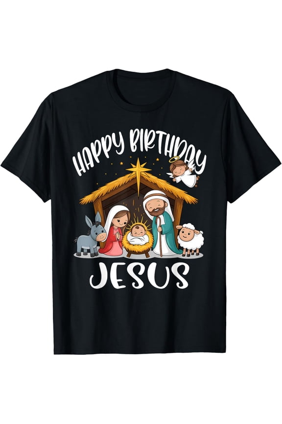 Merry Christmas Family Nativity Happy Birthday Jesus T-Shirt Tee