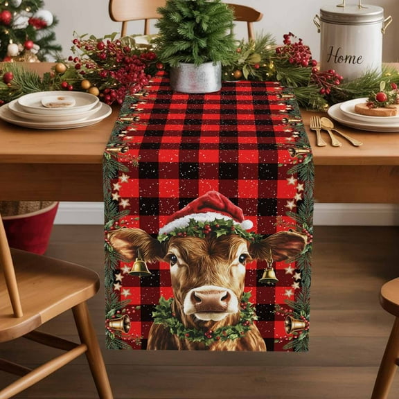 Merry Christmas Farm Aniaml Table Runner 13x120in Non-Slip Cotton Linen Table Runners, Classic Red Black Buffalo Plaid Dresser Scarves TableRunner for Dinner Kitchen Dining Wedding Party