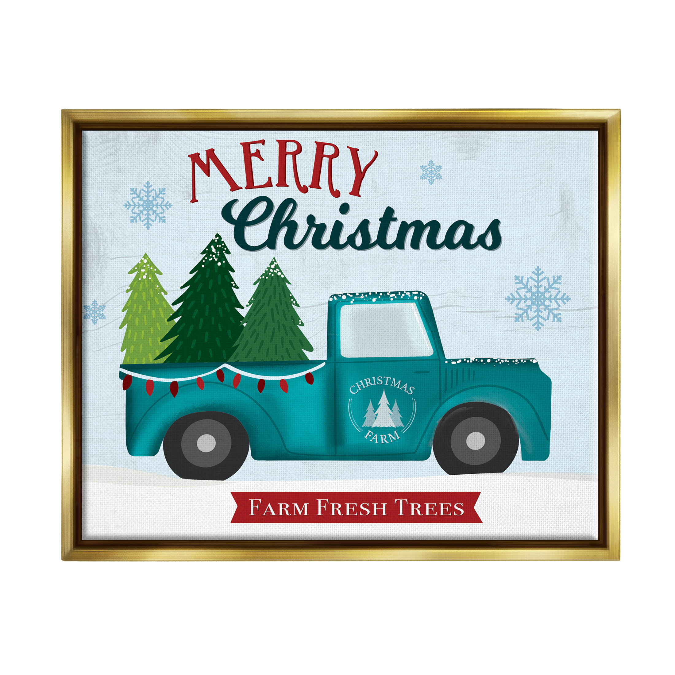 Merry Christmas Farm Fresh Trees Sign Holiday Graphic Art Metallic Gold Framed Art Print Wall Art